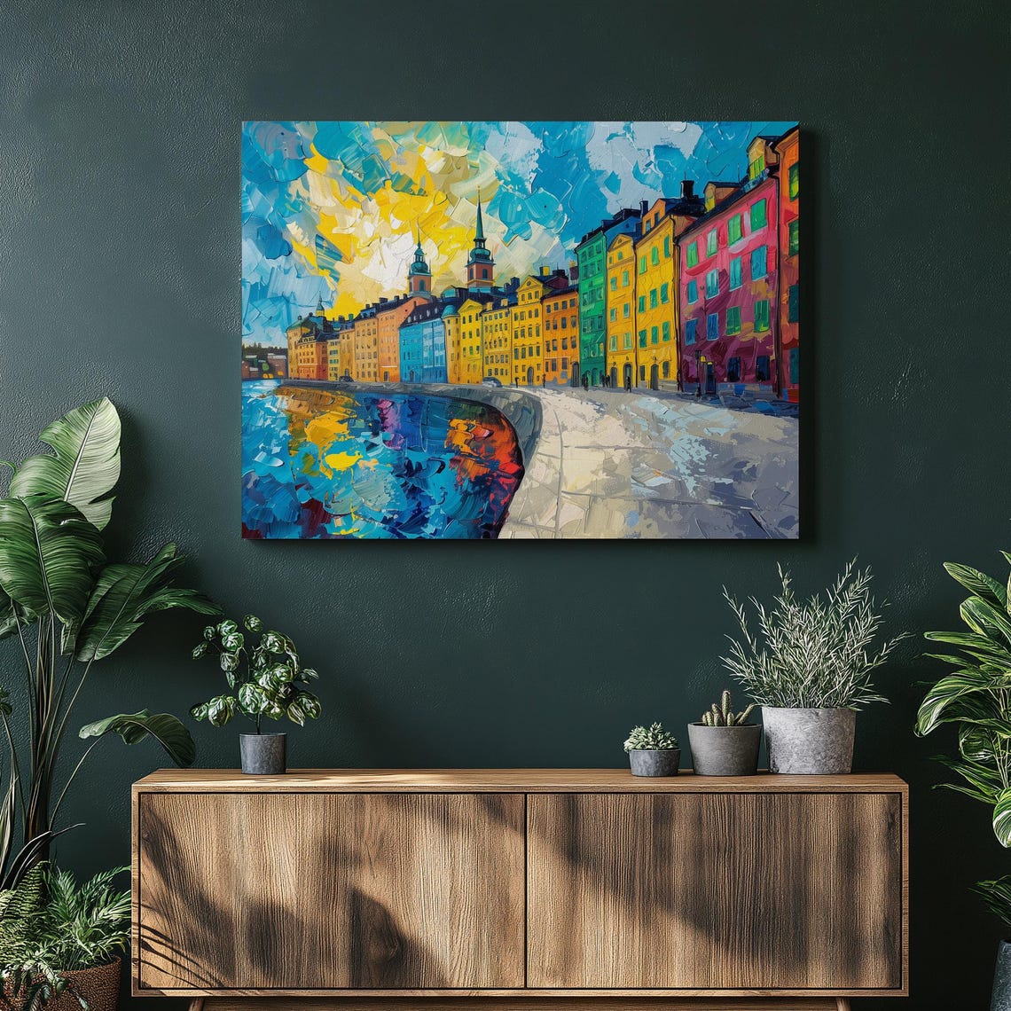 Stockholm Colorful Waterfront Houses Expressive Cityscape Wall Art