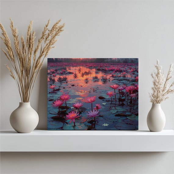 Pond Sunset Canvas Wall Art Tropical Water Lily Painting Colorful Botanical Print With Palm Trees Flowers Coastal Decor