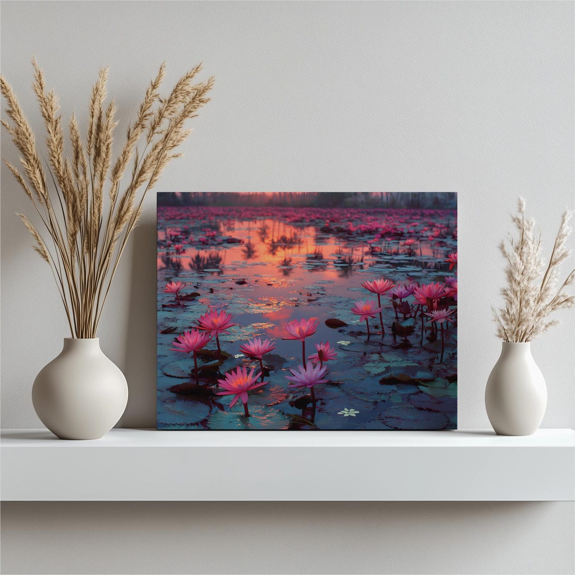 Pond Sunset Pink Water Lilies Tropical Lake Impressionist Canvas Print