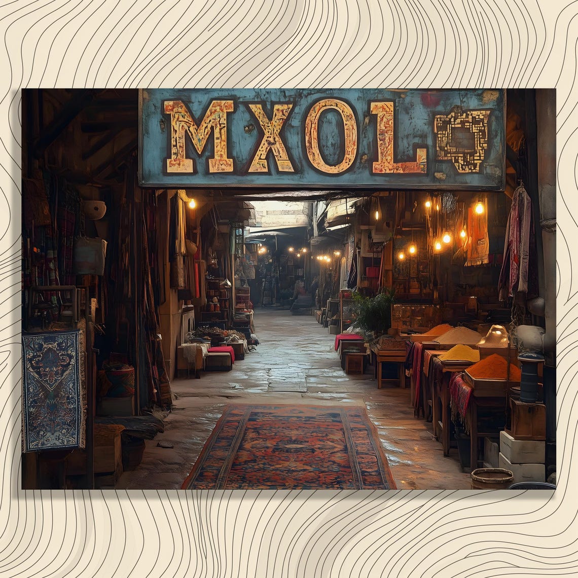 MXOLO Rustic Bazaar Market Rugs Lamps Vintage Travel Scene Poster