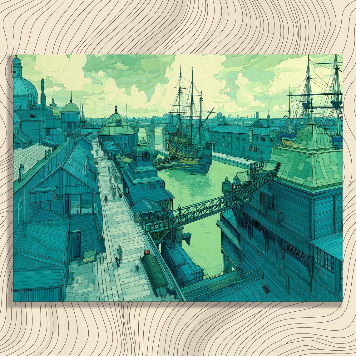 Retro Vintage Harbor Cityscape Tall Sailing Ships Teal Poster