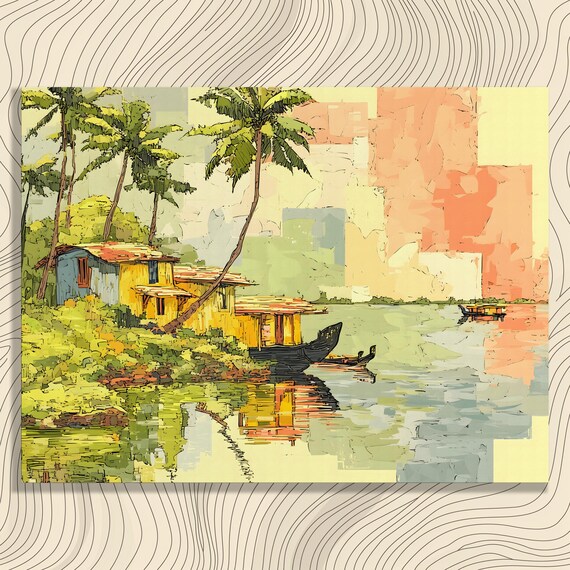 Tropical Riverside Palm Trees Houseboat Village Warm Colors Art Poster