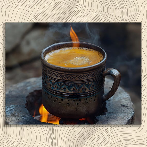 Campfire Coffee Mug Canvas Wall Art Rustic Ceramic Cup Steaming Over Fire Pit Cozy Beverage Scene Artisan Pottery Ember Glow Decor