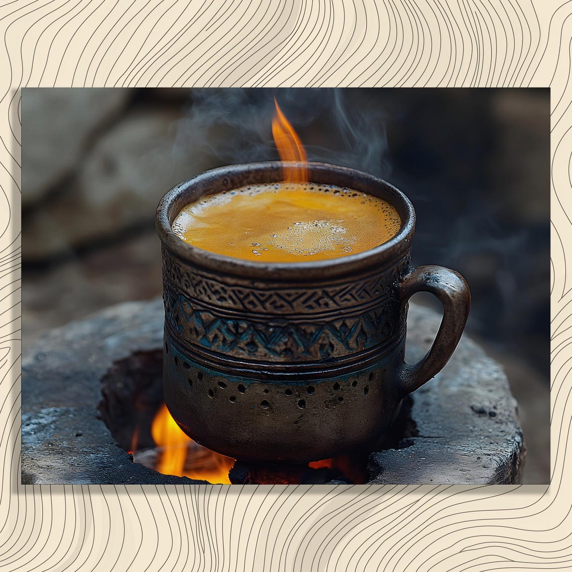 Campfire Coffee Mug Canvas Wall Art Rustic Ceramic Cup Steaming Over Fire Pit Cozy Beverage Scene Artisan Pottery Ember Glow Decor