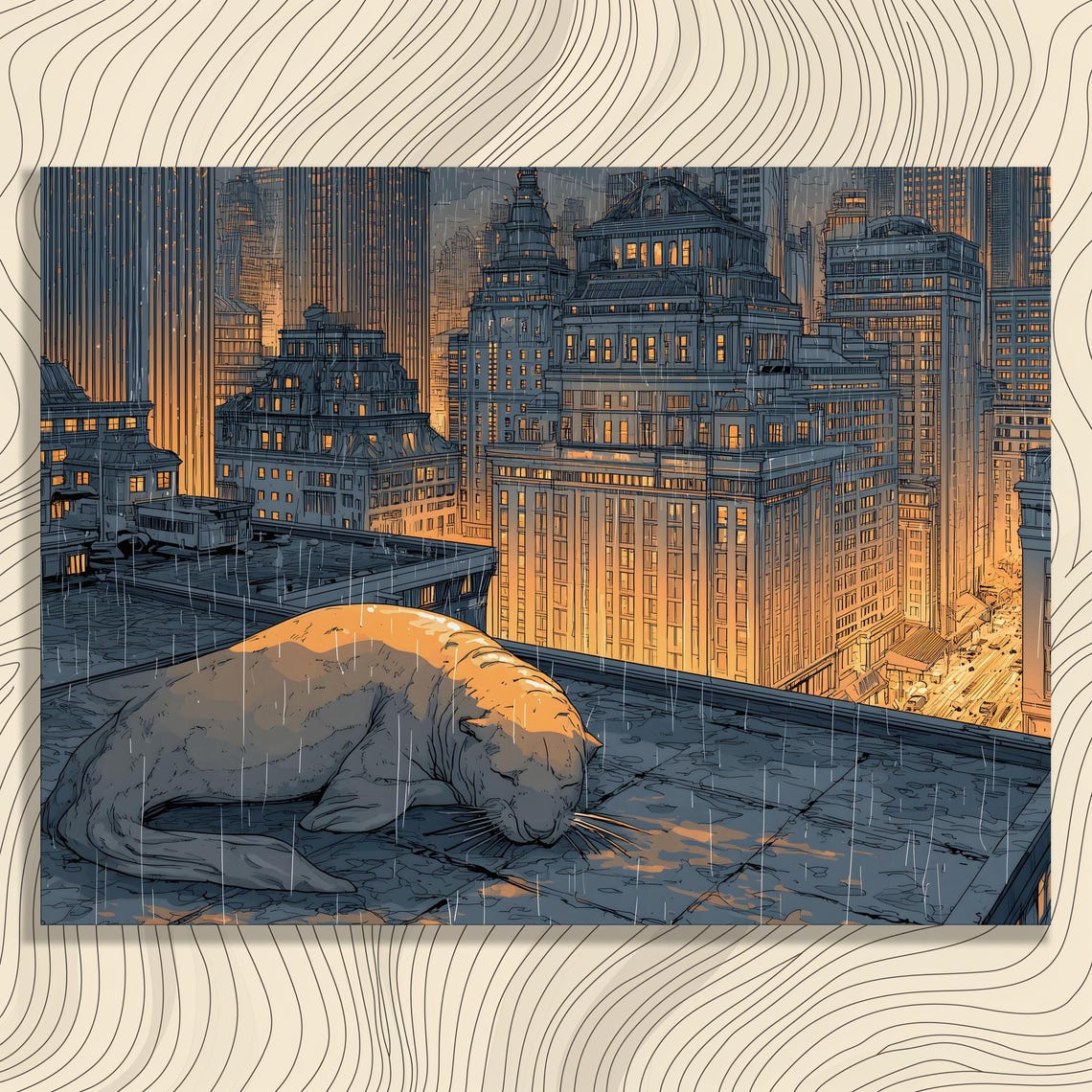 Seal Sleeping on Rainy Rooftop Above Glowing City Skyline Art Poster