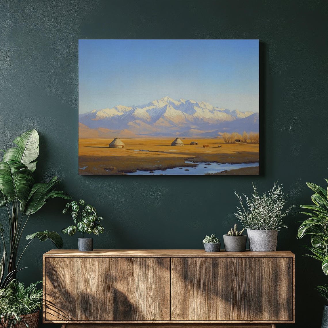 Kazakhstan Steppe Yurts Snow Capped Mountain Landscape Poster