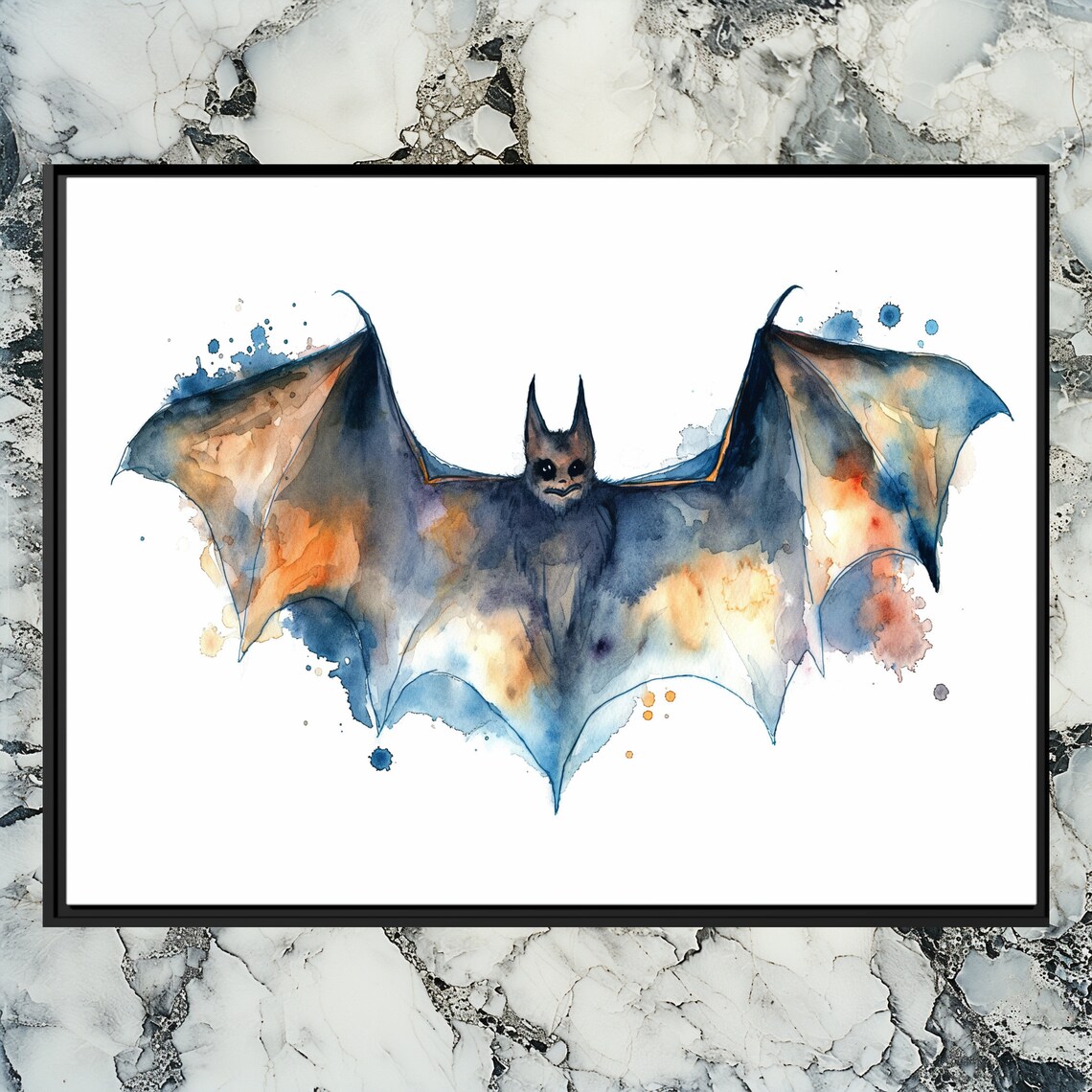 Watercolor Bat Wildlife Portrait Wings Spread Gothic Nature Wall Art
