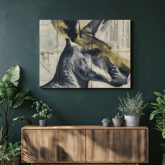 Kangaroo Ink Canvas Wall Art Vintage Australian Wildlife Print Animal Portrait Modern Collage Neutral Decor Gift Pen And Drawing