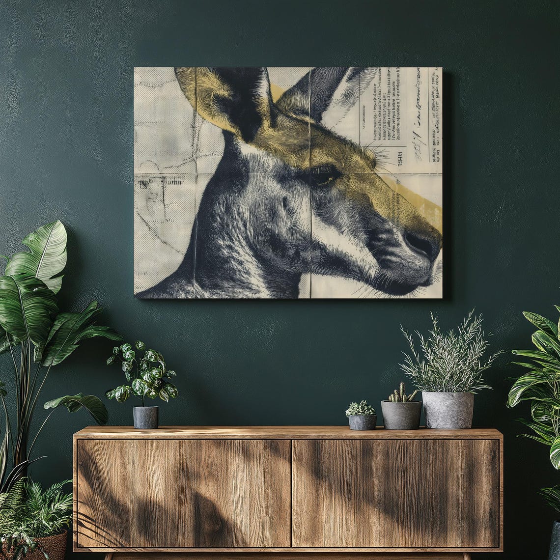 Kangaroo Profile Vintage Map Collage Elegant Wildlife Art Poster