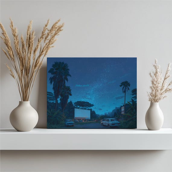 Tropical Drive In Canvas Wall Art Vintage Cars Starry Sky Milky Way Print Cinematic Landscape Painting Gift Decor Palm Trees Jungle Night