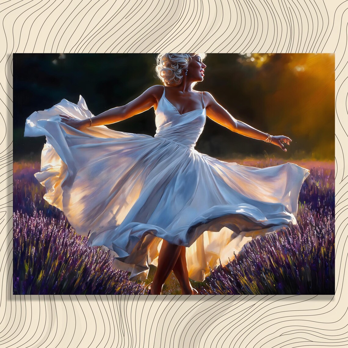 Woman Dancing in Lavender Field White Dress Golden Hour Wall Art