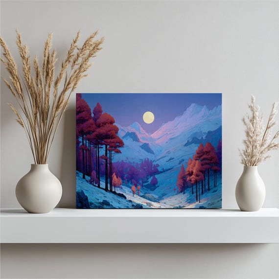 Moonlit Pine Forest Canvas Wall Art Colorful Winter Mountain Landscape Print Red Trees Snow Valley Dreamy Nature Decor Full Moon Fantasy