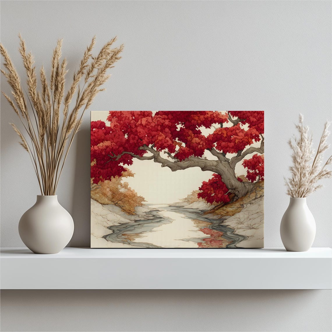 Red Maple Tree Over Quiet Stream Watercolor Autumn Nature Wall Art