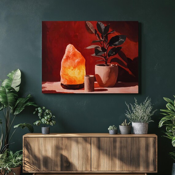 Himalayan Salt Lamp Canvas Wall Art Boho Plant Still Life Painting With Rubber Terracotta Pot Warm Glow Wellness Gift Print