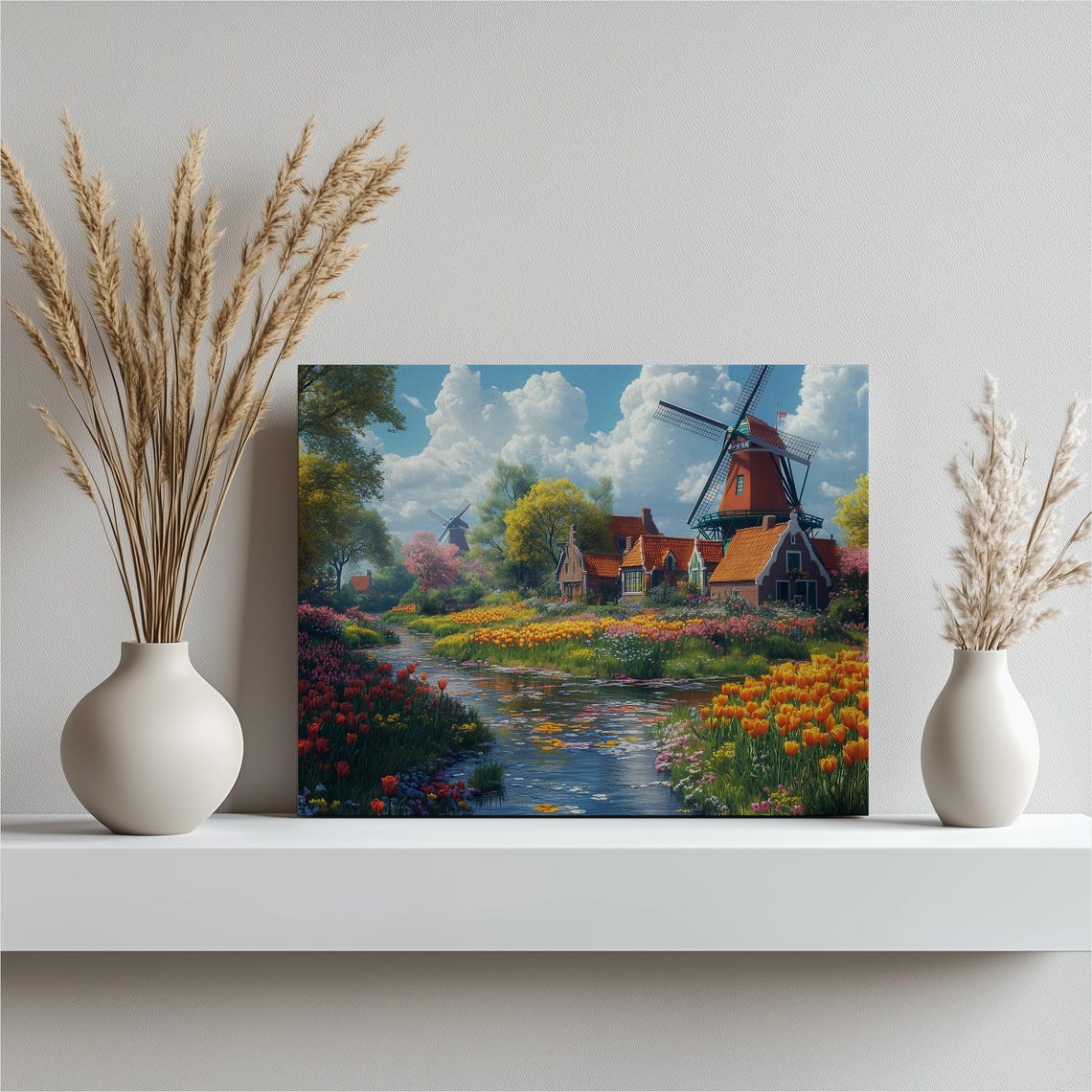 Dutch Windmill Tulip Fields Canal Colorful Spring Countryside Poster