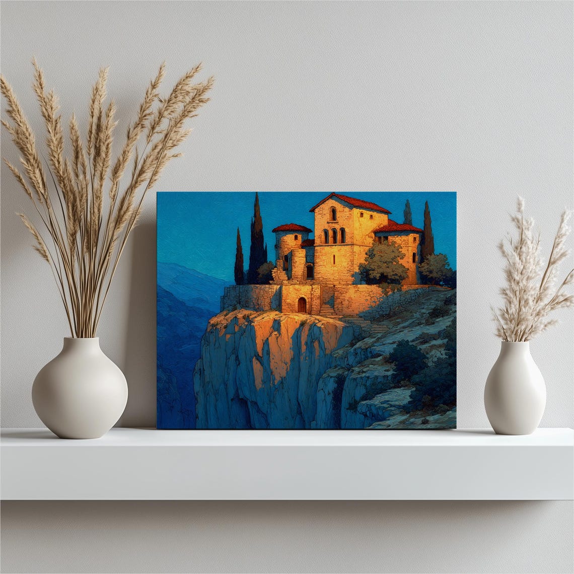 Cliffside Chapel Sunset Cypress Trees Stone Church Landscape Art Print