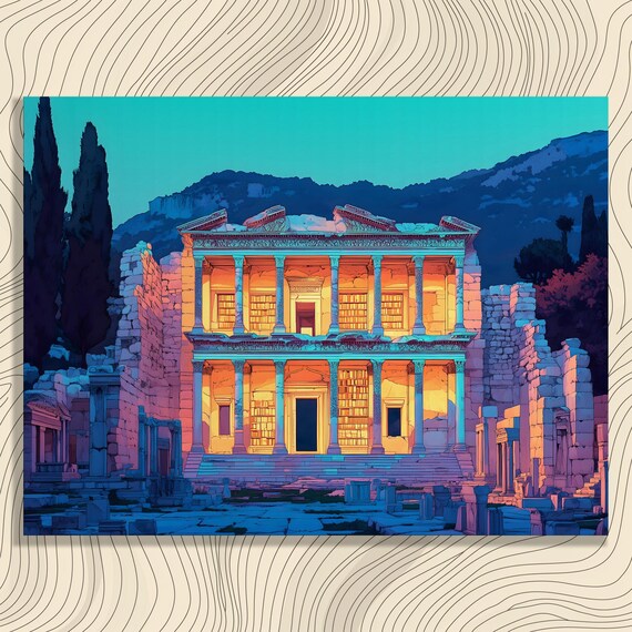 Illuminated Ephesus Celsus Library at Dusk Neon Pop Art Roman Ruins Wall Art