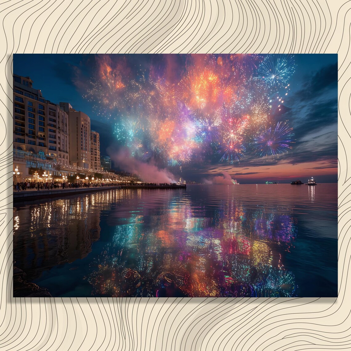Vibrant Fireworks Canvas Wall Art Night Skyline Celebration Print Cityscape Water Reflection Decor Festive Display Photography Poster