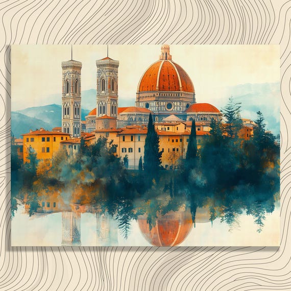 Historic Cathedral Canvas Wall Art Watercolor Painting Mountain Reflection Landscape Print For Enthusiasts And History Buffs