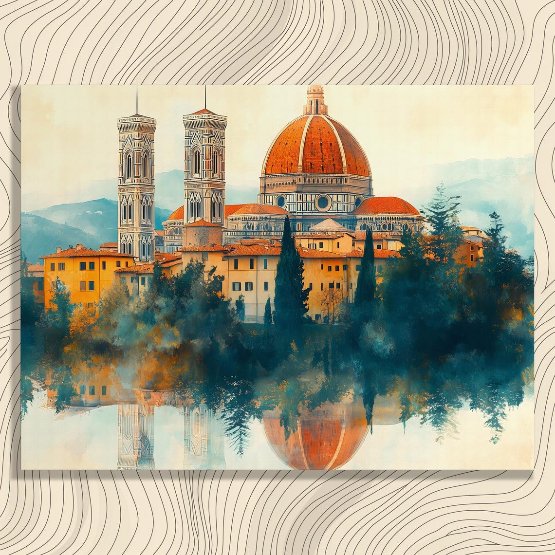 Florence Duomo Cathedral Watercolor Reflection Tuscany Travel Poster
