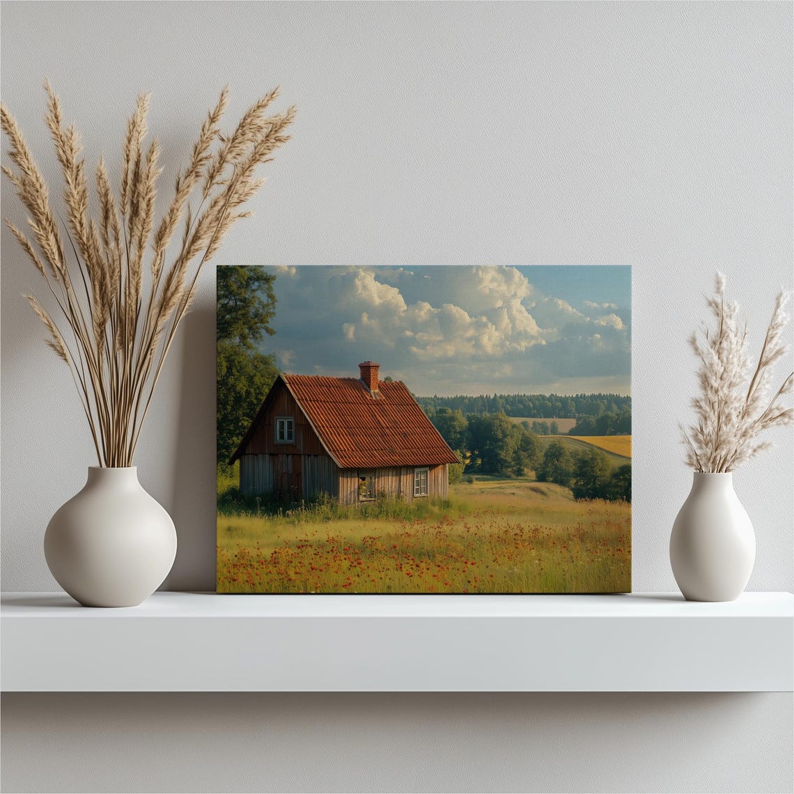 Rustic Red Wooden Barn in Wildflower Field Countryside Farm Poster