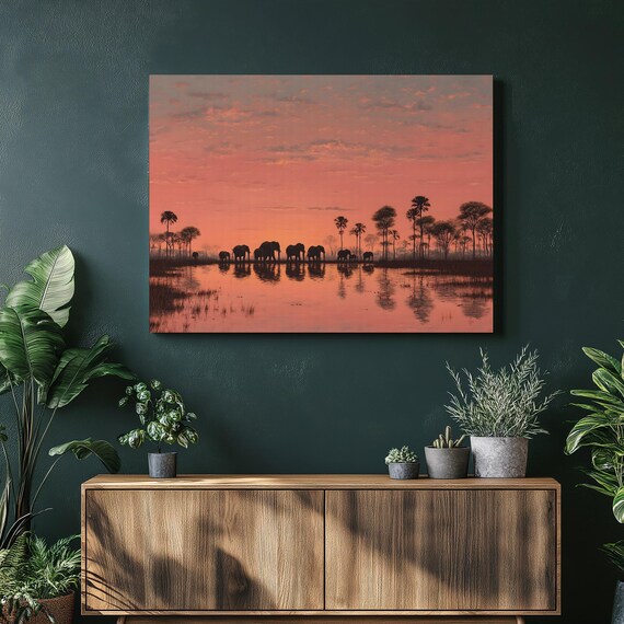 Elephant Sunset Canvas Wall Art African Savanna Landscape Painting Silhouettes Palm Trees Pink Sky Water Reflection Wildlife Modern Gift