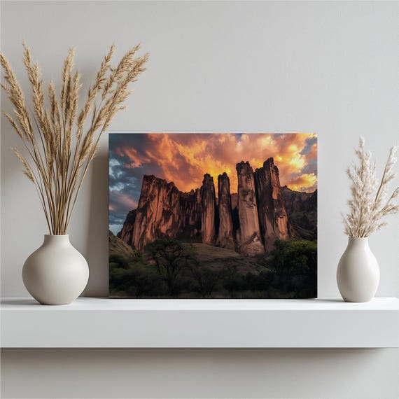 Colombia Tepui Mountains Canvas Wall Art Dramatic Sandstone Cliffs At Sunset Landscape With Glowing Sky Nature Scenery Print