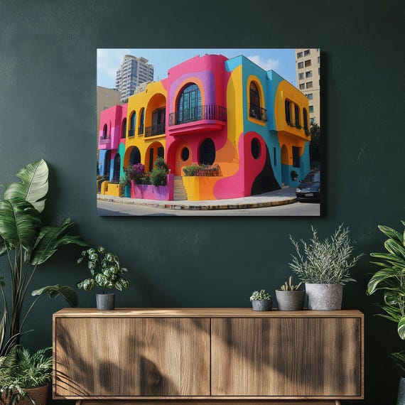 Lebanon Street Mural Canvas Wall Art Vibrant Urban Architecture Cityscape Print For Modern Home Decor