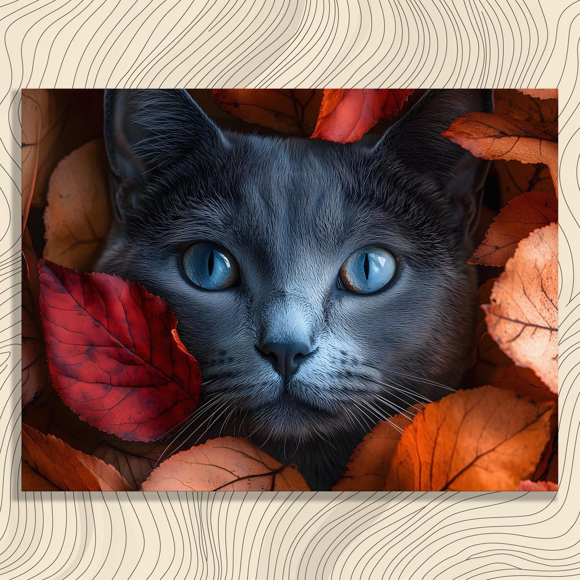 Black Cat Blue Eyes Peeking Through Autumn Leaves Fall Feline Art Poster