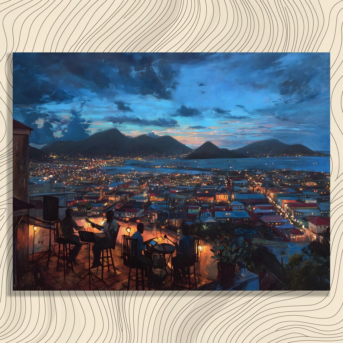 Rooftop Jazz Musicians Night City Lights Twilight Painting Poster