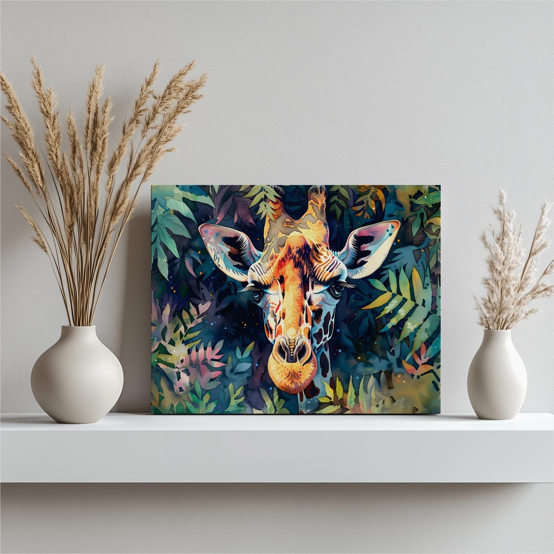 Giraffe Peeking Through Colorful Tropical Leaves Watercolor Poster
