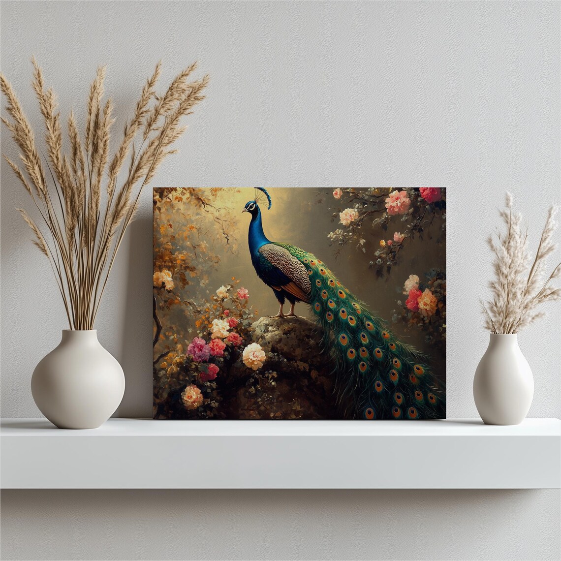 Peacock Among Flowers Elegant Oil Painting Bird Portrait Poster