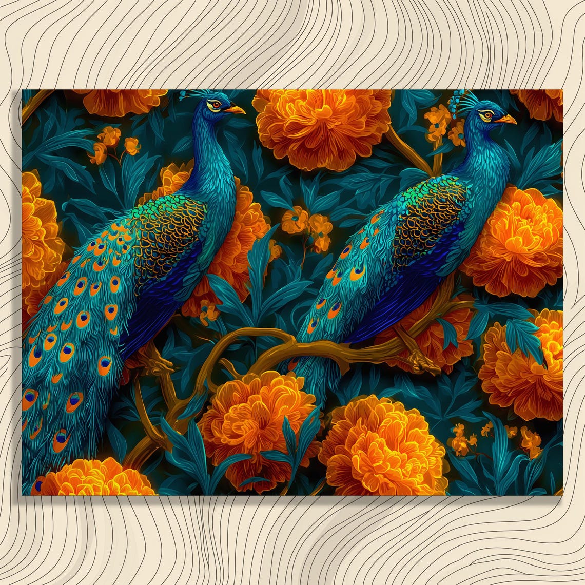 Two Peacocks Among Orange Marigolds Tropical Floral Wall Art