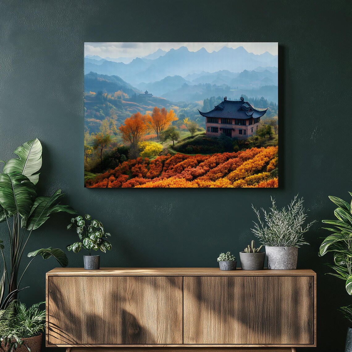 Misty Autumn Mountain Temple East Asian Landscape Serene Art Poster