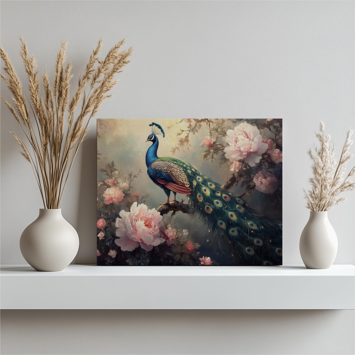 Peacock with Peonies Detailed Oil Painting Floral Bird Wall Art