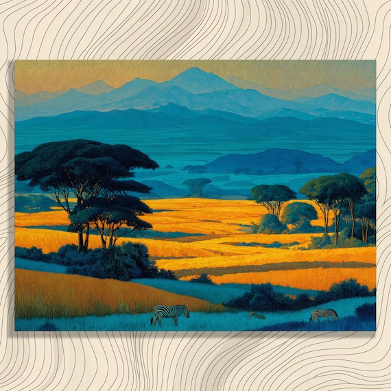 Zebra Safari Sunrise Canvas Wall Art African Savanna Landscape Acacia Trees Blue Orange Sky Modern Wildlife Decor Mountain Range Print