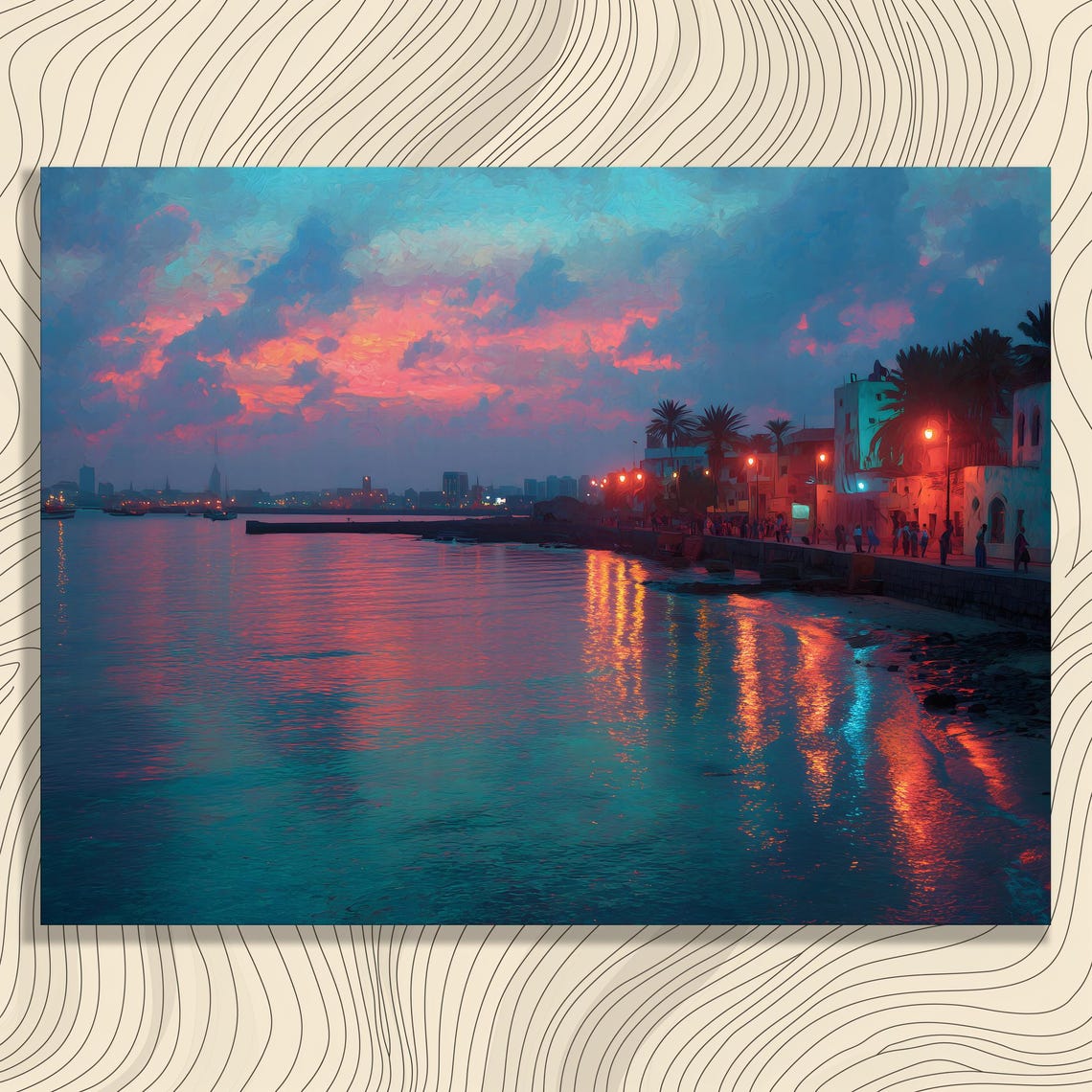 Tropical Sunset Promenade Canvas Wall Art Coastal Ocean Palm Tree Cityscape Print Colorful Seascape Skyline Reflections Decor