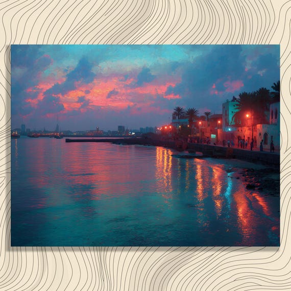 Tropical Sunset Promenade Canvas Wall Art Coastal Ocean Palm Tree Cityscape Print Colorful Seascape Skyline Reflections Decor