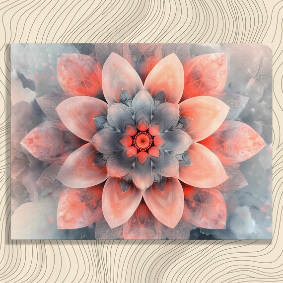 Vibrant Mandala Canvas Wall Art Abstract Coral Gray Floral Geometry Boho Decor Print Gift For Designers And Artists Surreal Symmetry