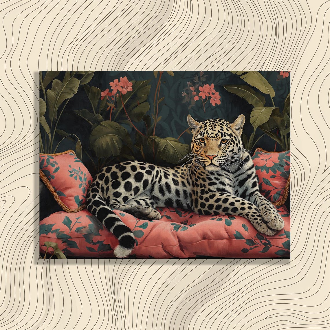 Clouded Leopard Lounging On Pink Cushions In Dark Tropical Night Print