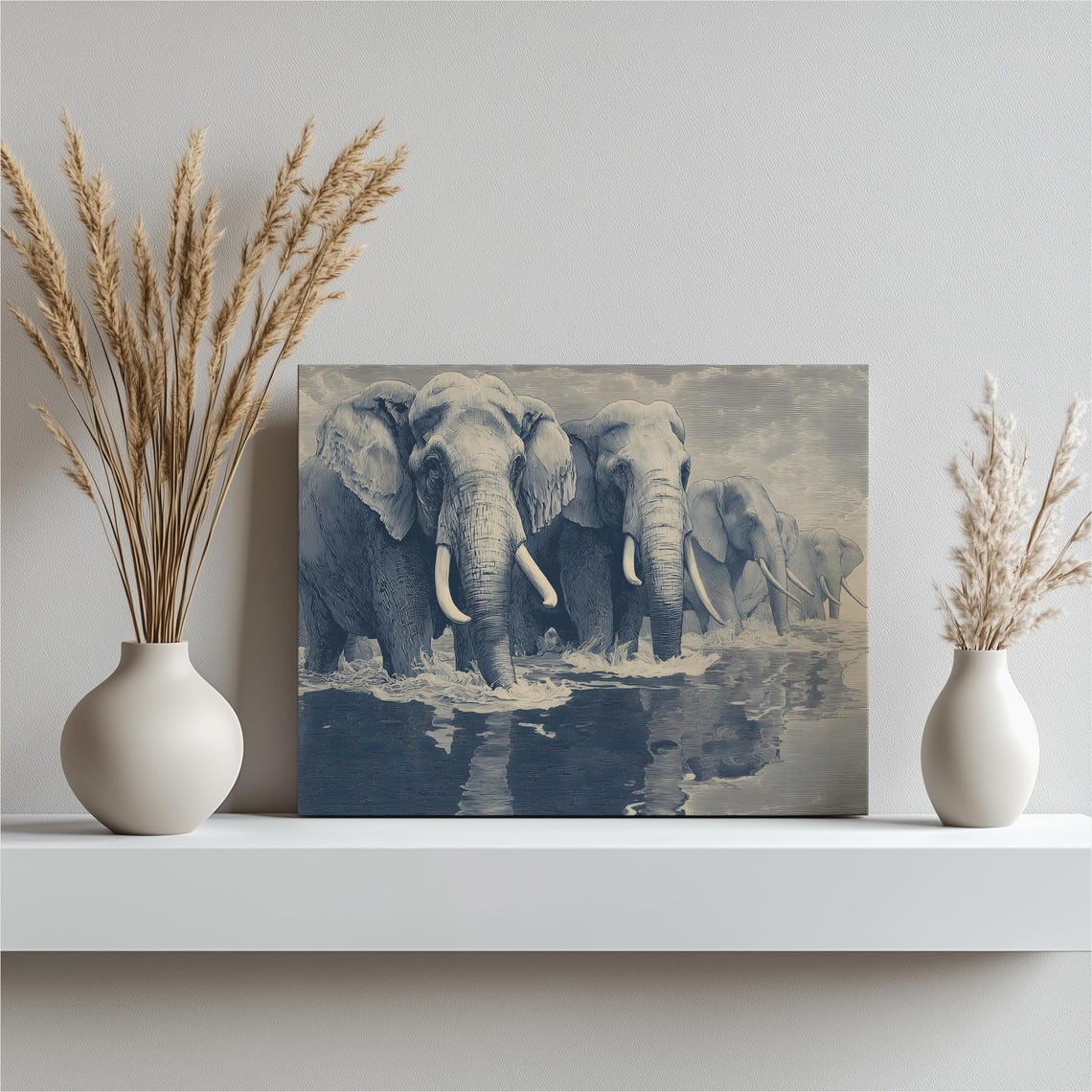 Elephant Herd Crossing Water Vintage Blue African Wildlife Wall Art