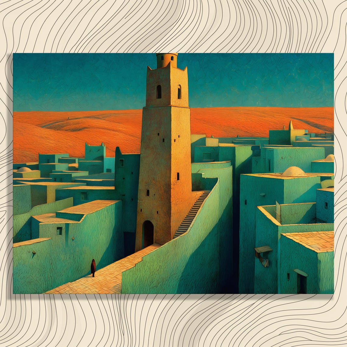 Surreal Desert City Teal Old Town Tall Minaret Sunset Poster