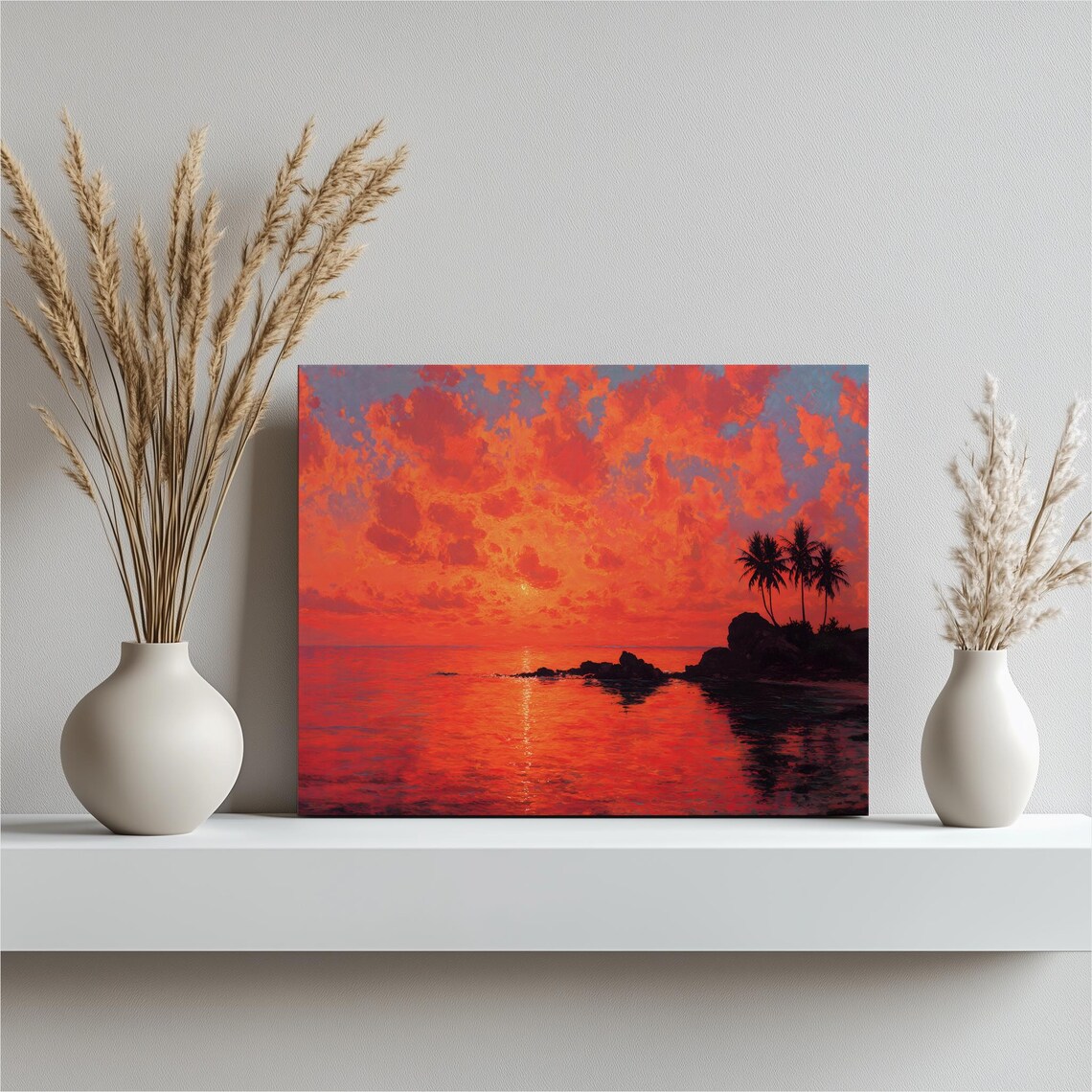 Tropical Ocean Sunset Fiery Sky and Palm Silhouettes Wall Art