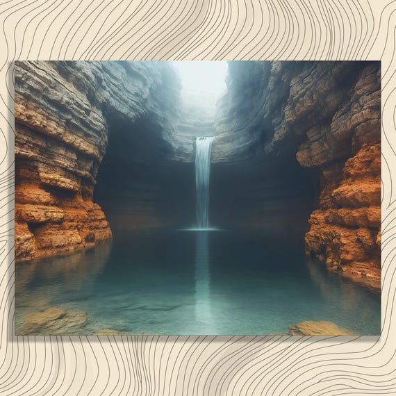 Serene Cave Waterfall Canvas Wall Art Modern Geology Print Nature Landscape Decor Tranquil Pool Scene Gift Layered Rock
