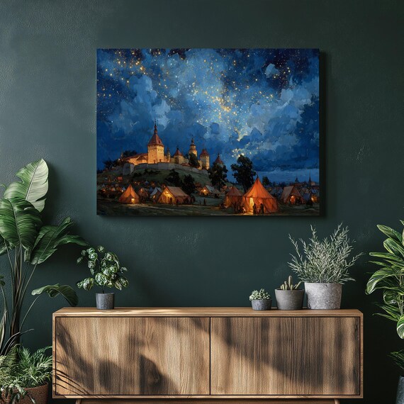 Medieval Castle Canvas Wall Art Starry Night Sky Milky Way Fantasy Print Fortress Landscape Hilltop Citadel Astronomy Gift Dark Celestial