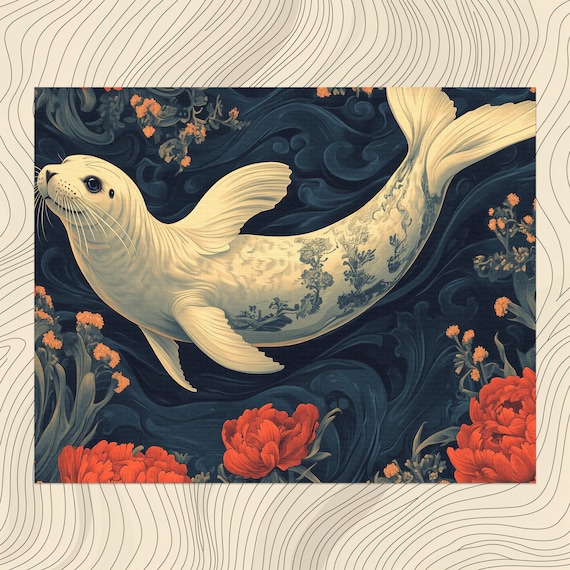 White Seal Floral Tattoo Japanese Style Ocean Animal Wall Poster