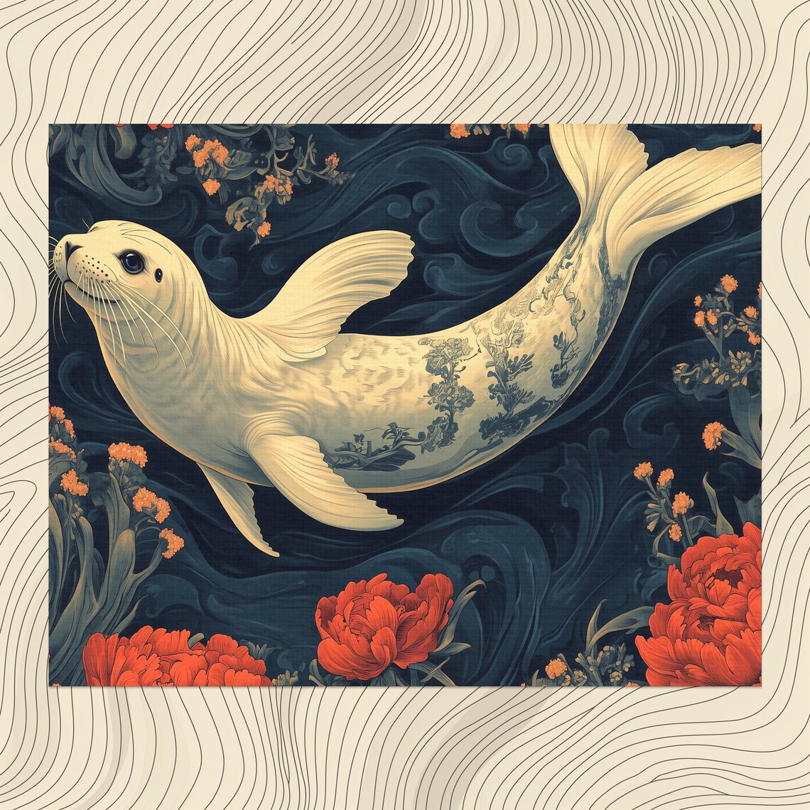 White Seal Floral Tattoo Japanese Style Ocean Animal Wall Poster