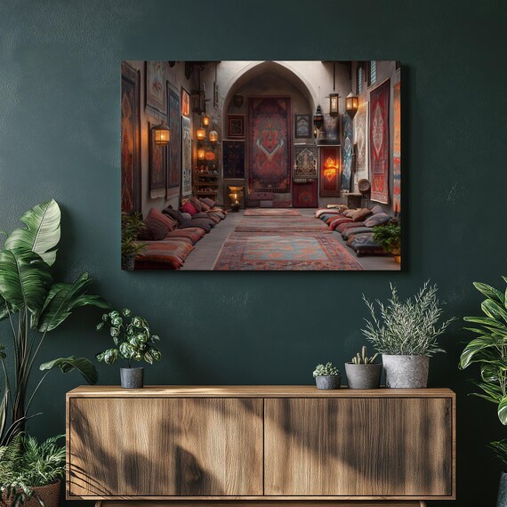 Moroccan Bazaar Rug Shop Lantern Glow Interior Painting Poster