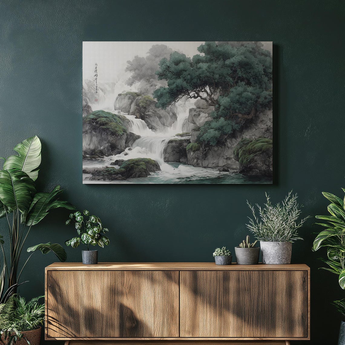 Chinese Ink Waterfall Mountain Landscape Painting Poster Zen Art