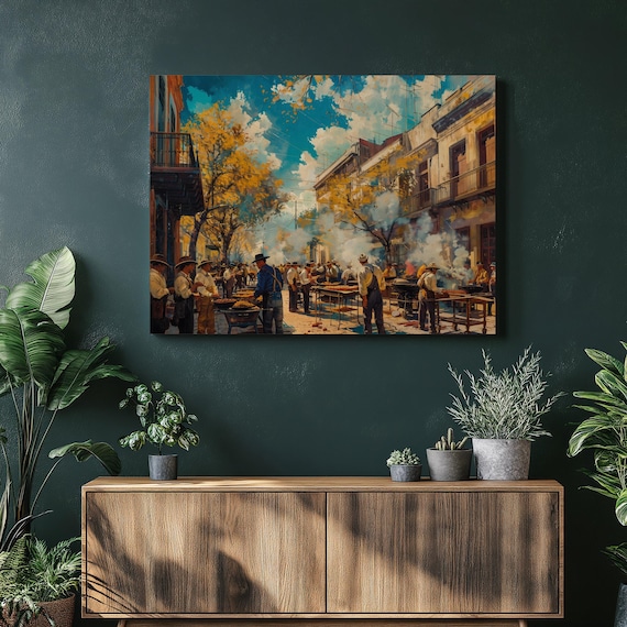 Street Barbecue Gathering Historic Colonial Town Festive Scene Poster